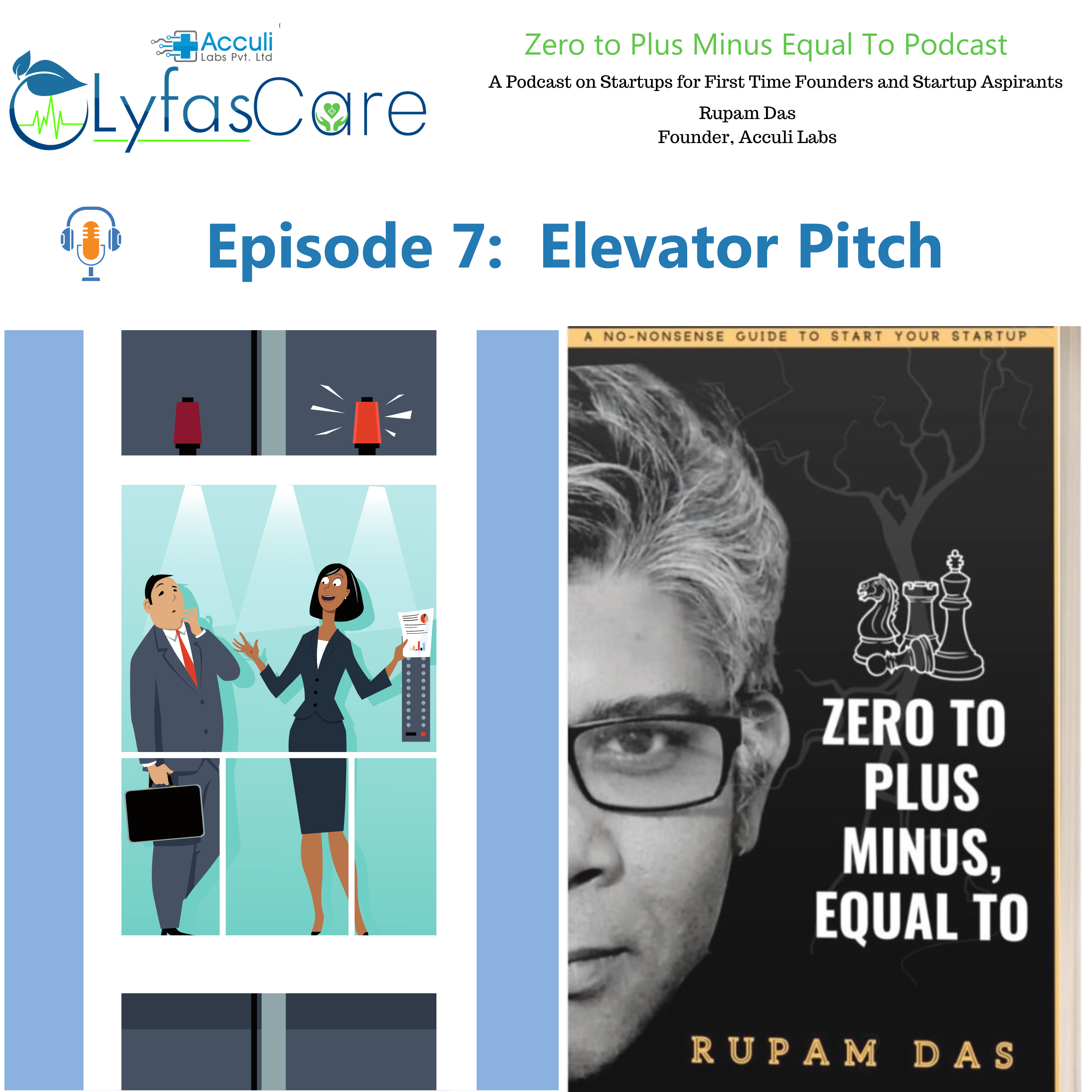 Zero to Plus Minus Equal to Book by Rupam Das now has a podcast in Zero to Plus Minus Equal to Startup Podcast in whose banner a cartoon photo of a lady founder pitching to an investor in the elevator is show.